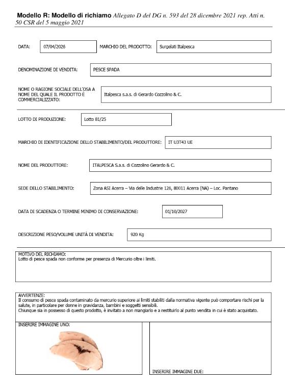 richiamo alimentare del ministero della salute